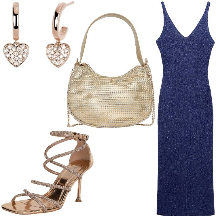 Outfit donna - Party night. Stile Glamour per Serata fuori. Abbinamento con vestiti lunghi, sandali col tacco, borse a spalla, orecchini.