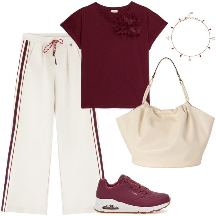 Outfit donna - Il pantalone crema. Stile Sporty chic per Scuola/Università. Abbinamento con braccialetti con ciondoli, pantaloni, sneakers, t-shirt, borse a secchiello.