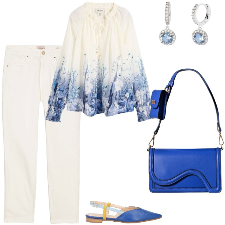 Outfit donna - La blusa a fantasia. Stile Casual chic per Ufficio. Abbinamento con bluse, ballerine, orecchini, pochette, pantaloni skinny.