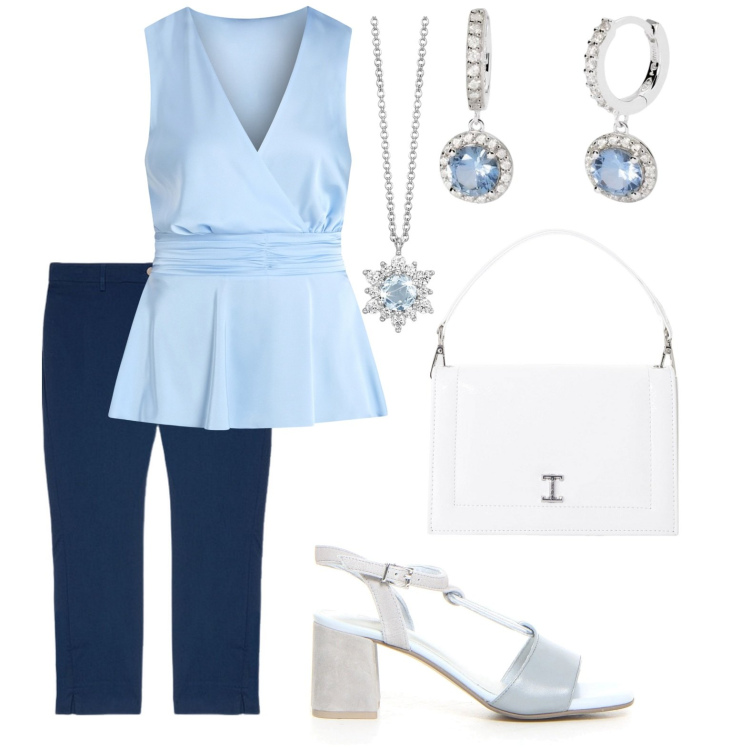 Outfit donna - Auguri Mamme. Stile Minimal per Cerimonia. Abbinamento con collane, orecchini, top, borse a tracolla, pantaloni chino, sandali col tacco.