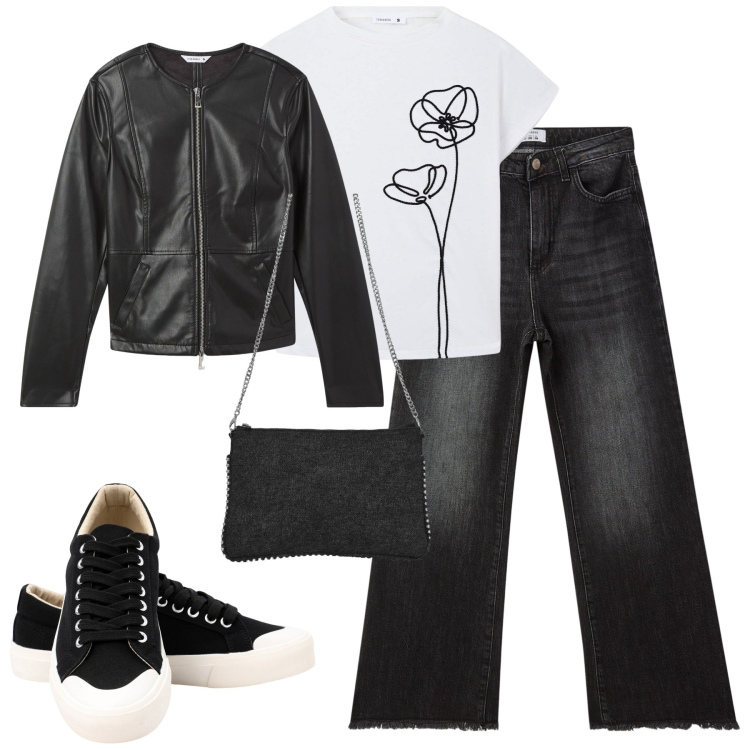 Outfit donna - Una t-shirt da amare. Stile Casual chic per Tutti i giorni. Abbinamento con blazer, t-shirt, jeans, borse a tracolla, sneakers.