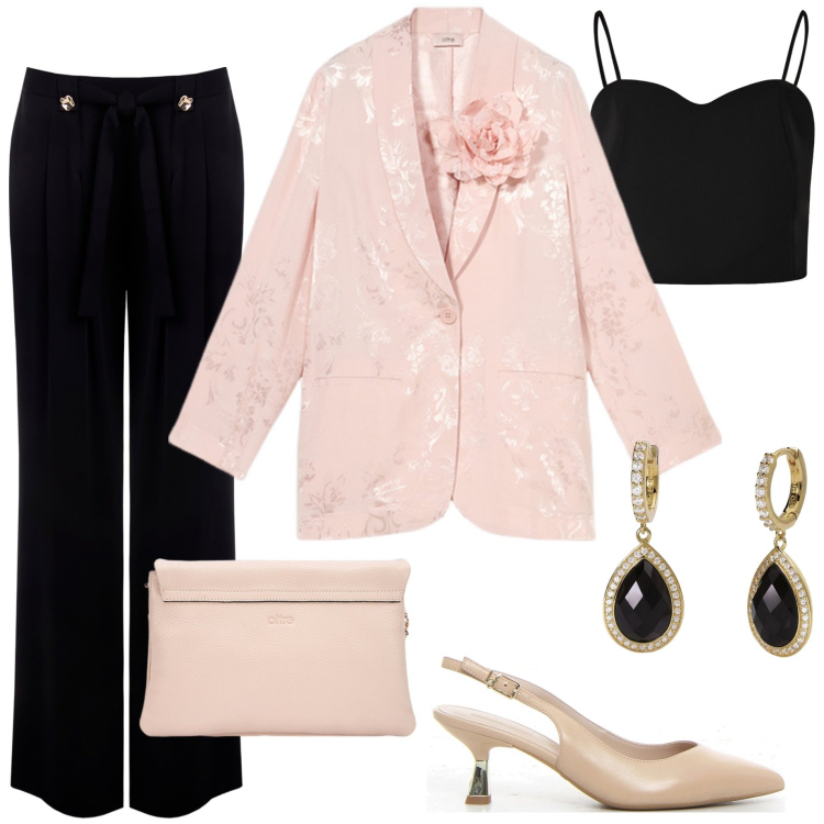 Outfit donna - Pranzo festa della mamma. Stile Casual chic per Cerimonia. Abbinamento con orecchini, pantaloni, top, décolleté, blazer, borse a tracolla.