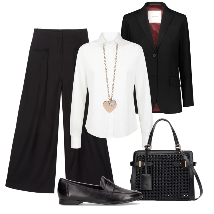 Outfit donna - Mannish di sera - @laurafo. Stile Mannish per Serata fuori. Abbinamento con ciondoli, blazer, mocassini, pantaloni, borse a mano, camicie.