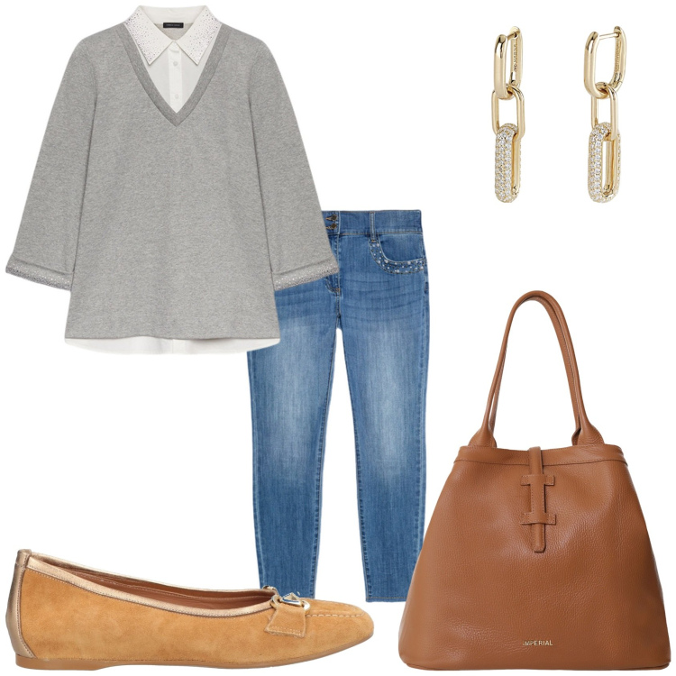 Outfit donna - Jeans al lavoro. Stile Casual chic per Ufficio. Abbinamento con ballerine, orecchini, borse tote, felpe, jeans skinny.
