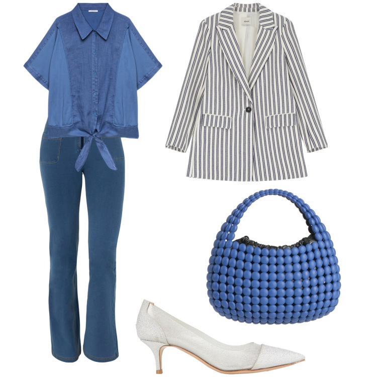 Outfit donna - Giornata impegnativa. Stile Sporty chic per Ufficio. Abbinamento con décolleté, borse a mano, jeans, blazer, camicie.