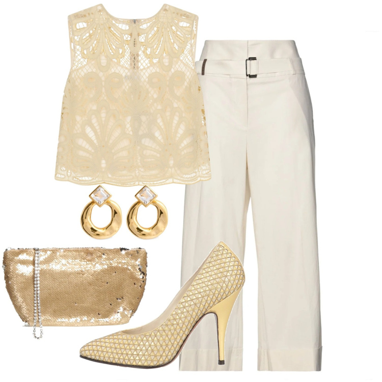 Outfit donna - Eleganza. Stile Chic per Serata fuori. Abbinamento con pantaloni, borse a mano, décolleté, top, orecchini.