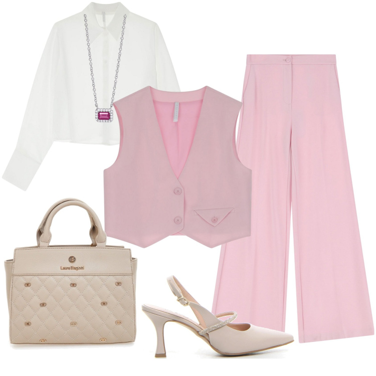 Outfit donna - shopping time. Stile Casual chic per Tutti i giorni. Abbinamento con collane, pantaloni, gilet, camicie, borse a mano, décolleté.