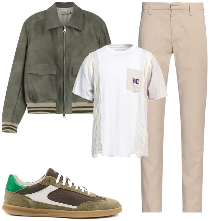 Outfit uomo - Total look #2128116. Stile Casual per Tutti i giorni. Abbinamento con t-shirt, pantaloni chino, bomber, sneakers.