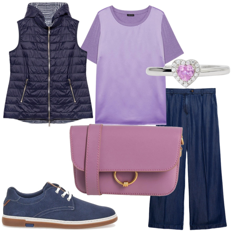 Outfit donna - Sempre in movimento. Stile Casual per Tutti i giorni. Abbinamento con borse a tracolla, anelli, jeans, scarpe stringate, t-shirt, piumini.