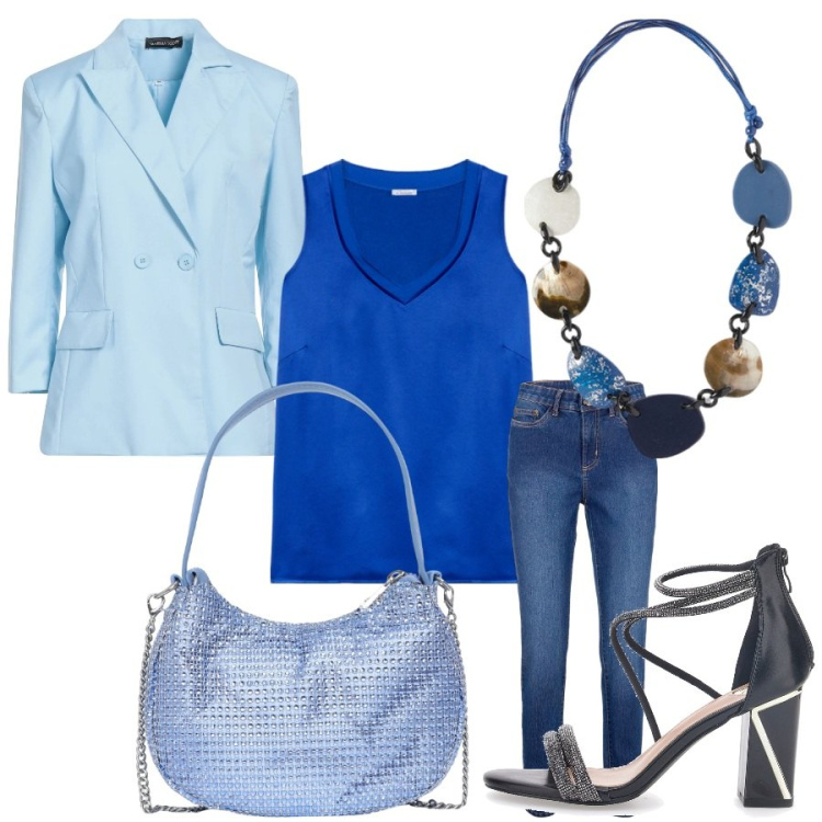 Outfit donna - Blu & co.. Stile Casual chic per Tutti i giorni. Abbinamento con jeans skinny, blazer, borse a spalla, sandali col tacco, top, collane.