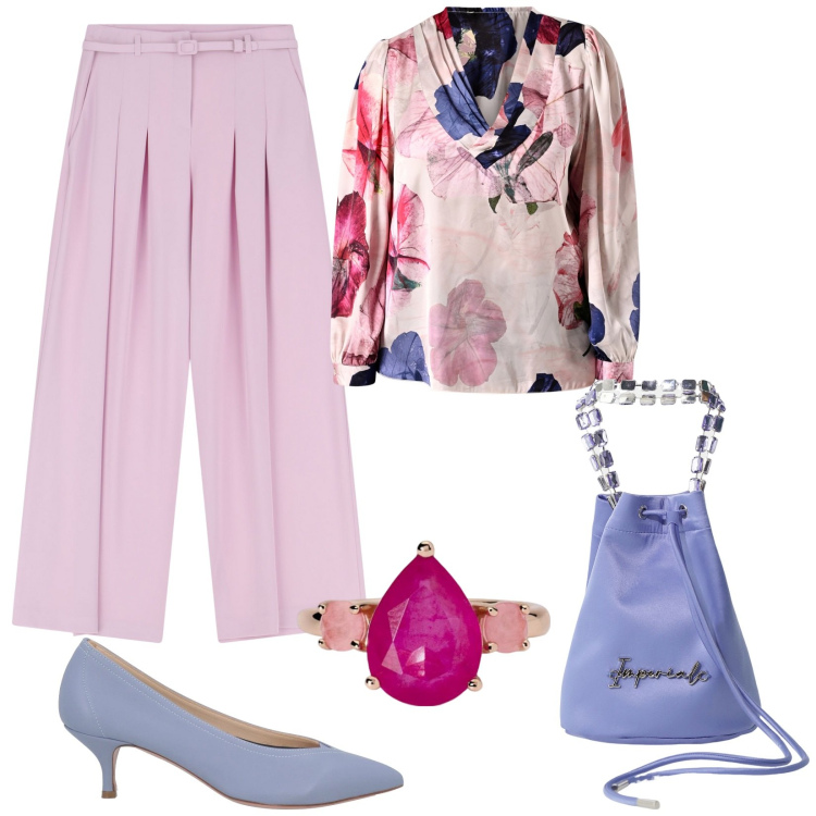 Outfit donna - Tinte pastello. Stile Chic per Cerimonia. Abbinamento con décolleté, borse a secchiello, pantaloni, anelli, bluse.