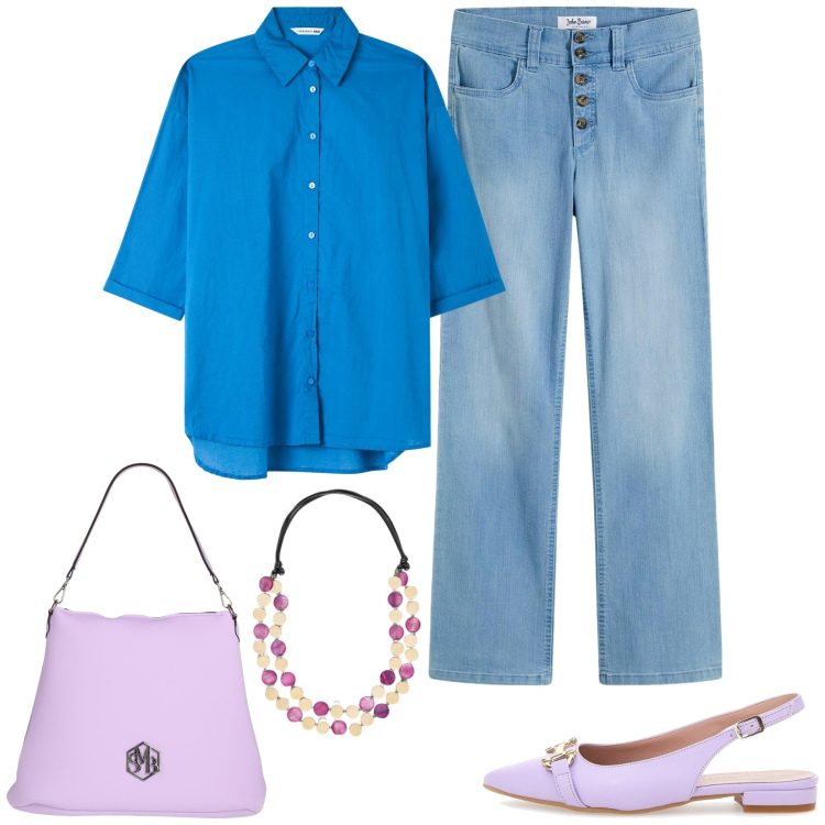 Outfit donna - Casual chic. Stile Casual chic per Tutti i giorni. Abbinamento con jeans dritti, borse a spalla, camicie, ballerine, collane.