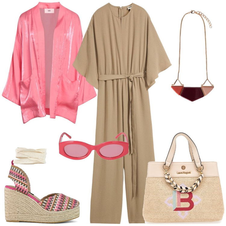 Outfit donna - In tuta. Stile Boho per Tutti i giorni. Abbinamento con tute, blazer, zeppe, borse a mano, occhiali da sole, ciondoli.