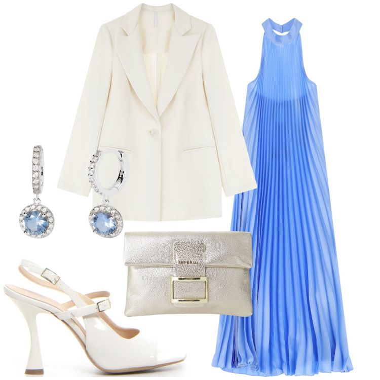 Outfit donna - Color cielo @ambrosiajsi. Stile Chic per Cerimonia. Abbinamento con orecchini, blazer, pochette, vestiti lunghi, sandali col tacco.