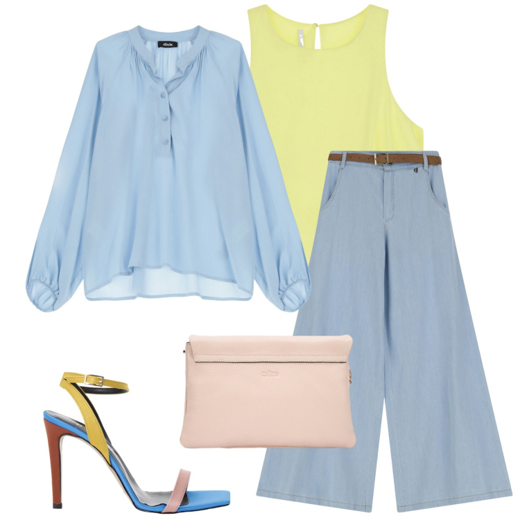 Outfit donna - Color cielo. Stile Casual chic per Serata fuori. Abbinamento con top, pantaloni a palazzo, camicie, sandali col tacco, borse a tracolla.