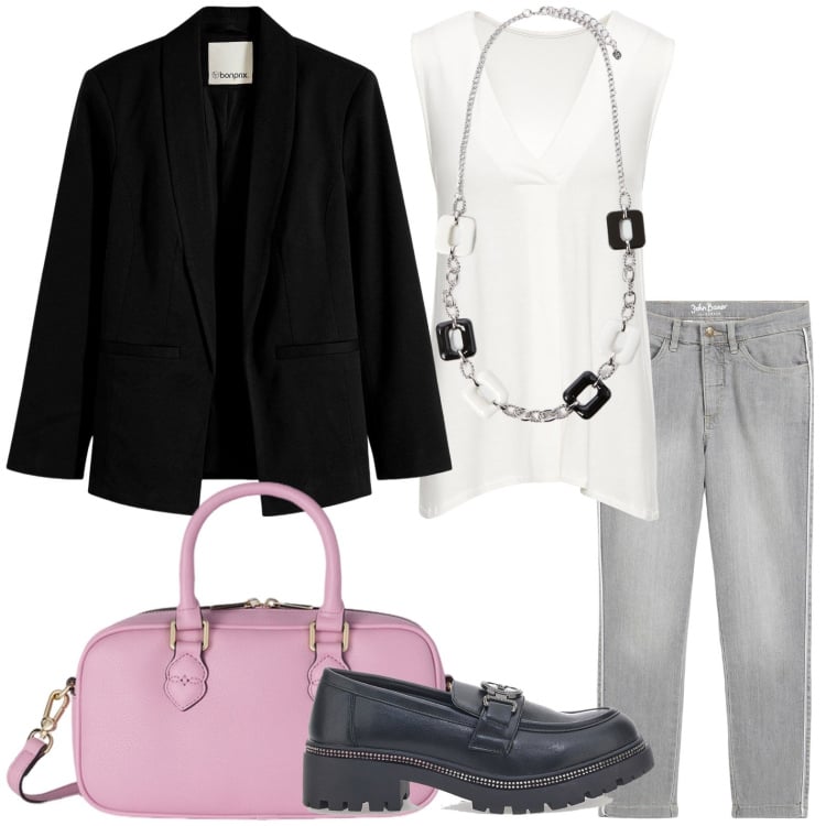 Outfit donna - Top panna. Stile Casual per Ufficio. Abbinamento con top, jeans skinny, blazer, collane, borse a mano, mocassini.