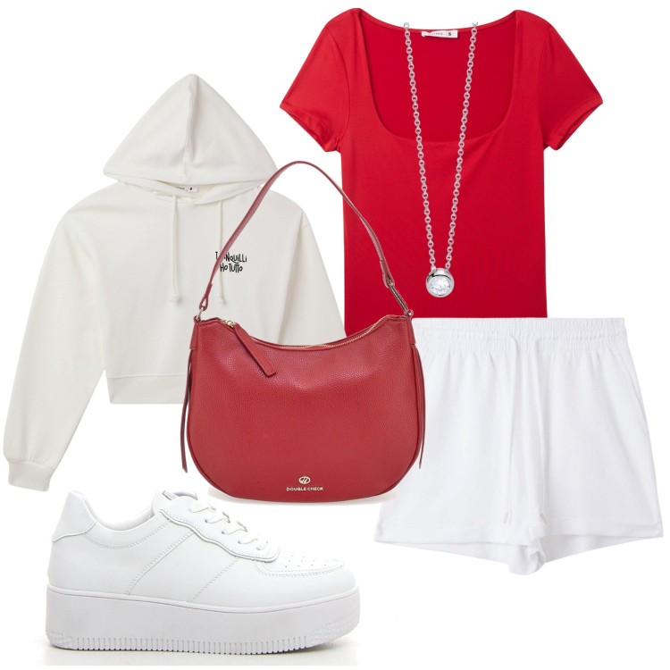 Outfit donna - Relax fragola e panna. Stile Minimal per Tutti i giorni. Abbinamento con t-shirt, shorts, felpe con cappuccio, collane, sneakers, borse a tracolla.