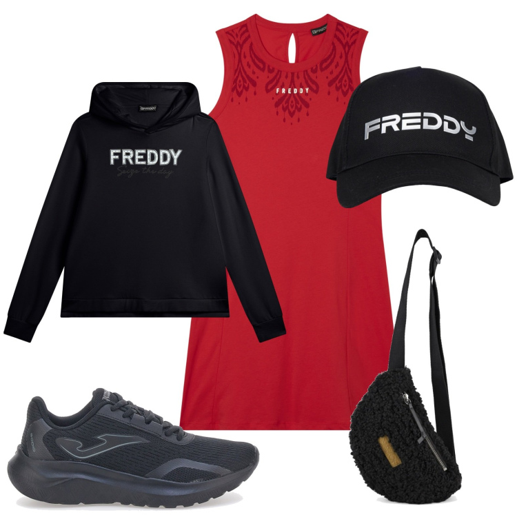 Outfit donna - Vestito con dettagli floreali. Stile Glamour per Sport. Abbinamento con vestiti midi/longuette, cappelli, felpe con cappuccio, sneakers, marsupi.