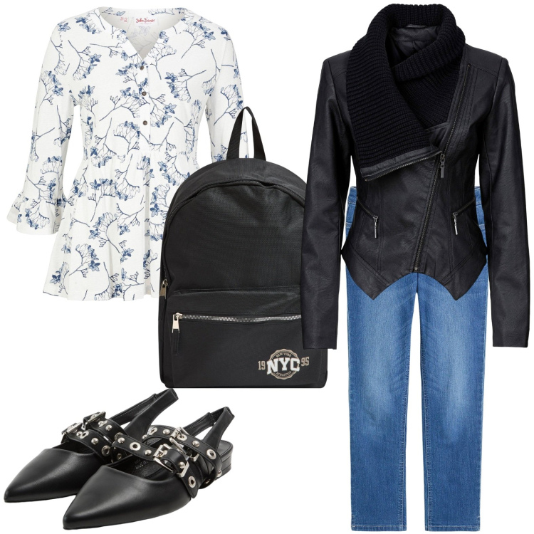 Outfit donna - Camicia trendy. Stile Glamour per Scuola/Università. Abbinamento con blazer, maglieria, jeans, sabot, zaini.