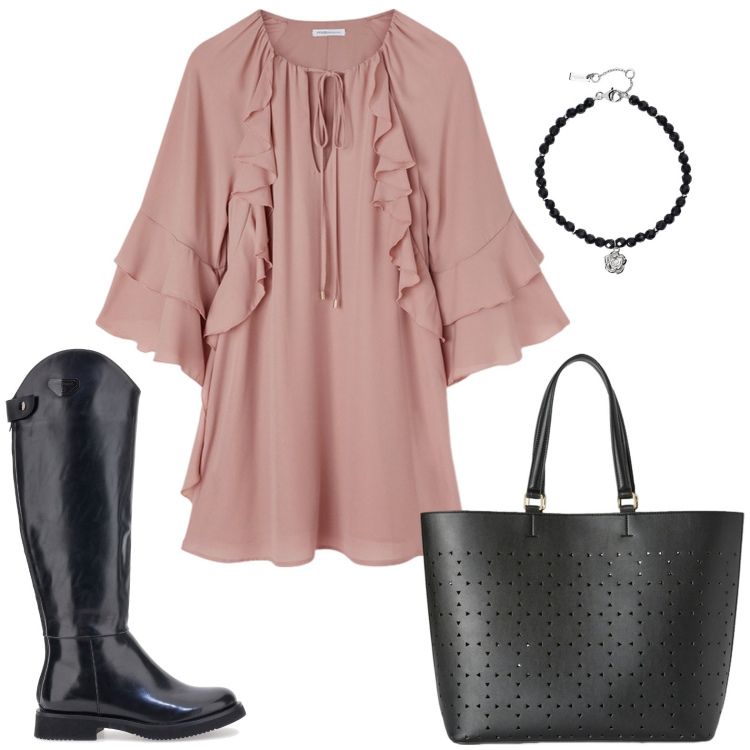 Outfit donna - Vestito corto con rouches. Stile Rock per Ufficio. Abbinamento con braccialetti, stivali, shopping bag, vestiti corti.
