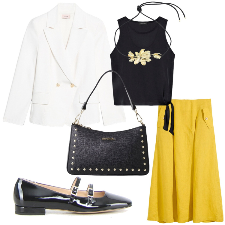 Outfit donna - Comfort e stile. Stile Basic per Tutti i giorni. Abbinamento con gonne, borse a spalla, collane, top, blazer, ballerine.