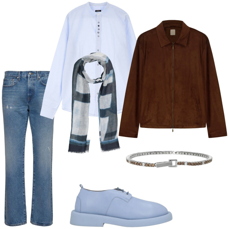 Outfit uomo - Serata con amici. Stile Casual per Tutti i giorni. Abbinamento con scarpe stringate, sciarpe, braccialetti, camicie, giacche, jeans.
