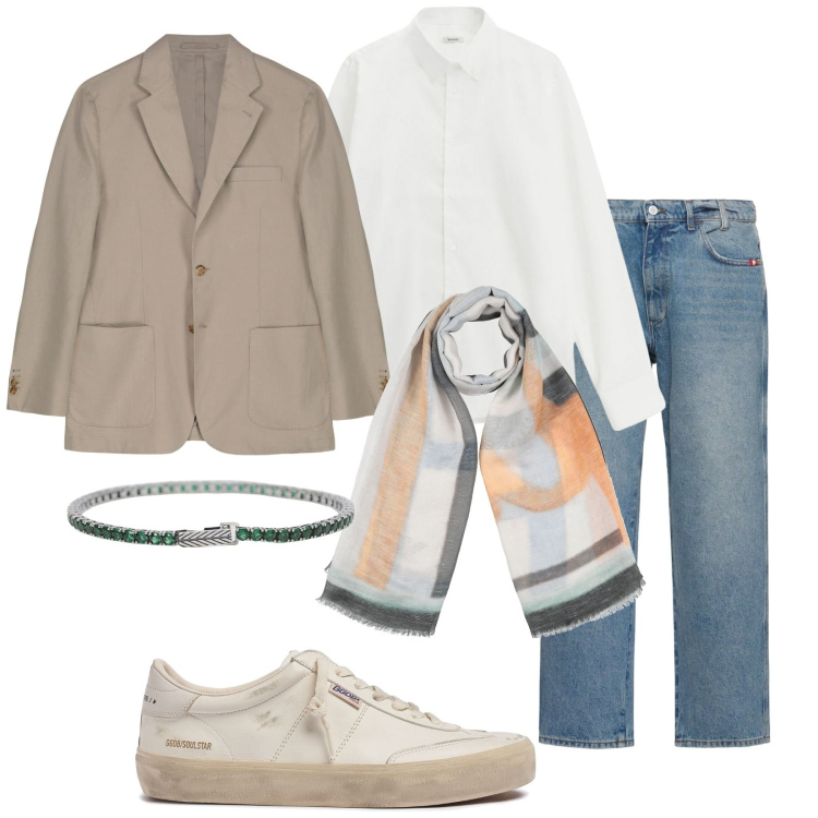 Outfit uomo - Una serata in compagnia. Stile Trendy per Tutti i giorni. Abbinamento con sciarpe, braccialetti, camicie, giacche, sneakers, jeans.