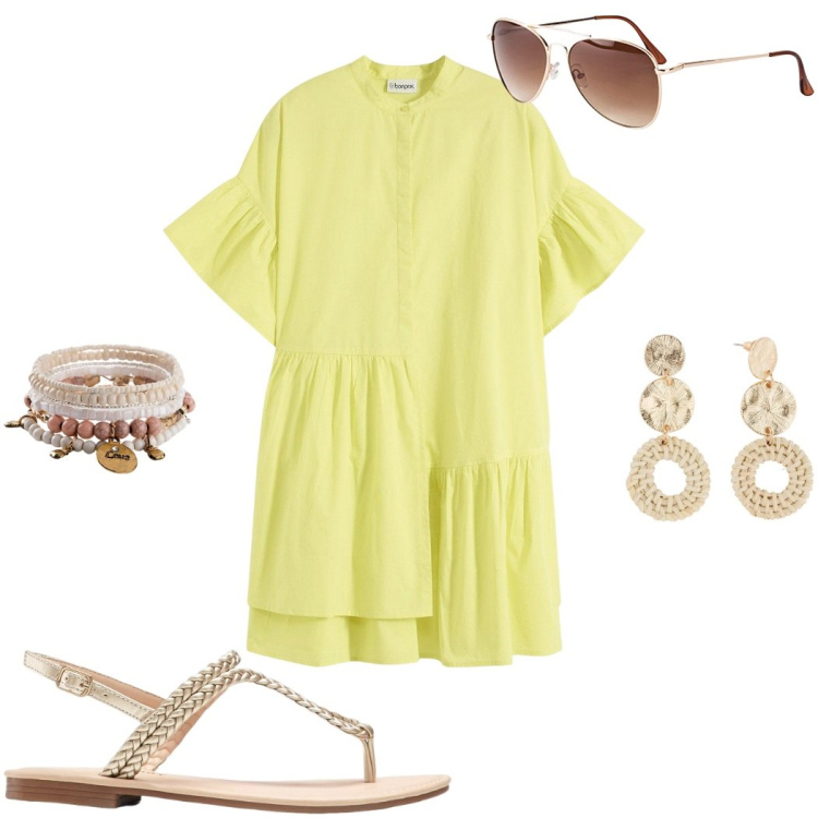 Outfit donna - Summer Bonprix. Stile Boho per Tutti i giorni. Abbinamento con ciabatte, braccialetti, orecchini, occhiali da sole, vestiti.