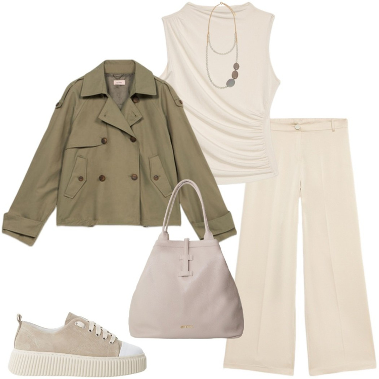 Outfit donna - Pranzo della festa della mamma. Stile Casual chic per Cerimonia. Abbinamento con sneakers, borse tote, trench, top, pantaloni a palazzo, collane.