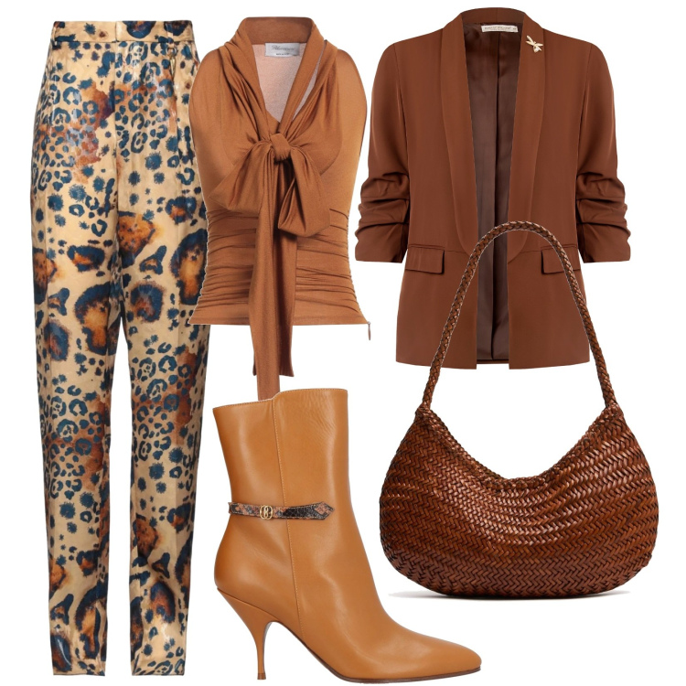 Outfit donna - I toni del marrone. Stile Casual chic per Serata fuori. Abbinamento con pantaloni, top, stivaletti, blazer, borse a spalla.
