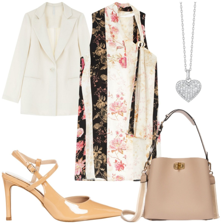 Outfit donna - Pranzo della Festa della mamma: auguri. Stile Romantica per Tutti i giorni. Abbinamento con collane, décolleté, vestiti asimmetrici, blazer, borse a secchiello.