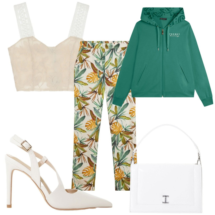 Outfit donna - Giungla cittadina : sporty- chic. Stile Sporty chic per Tutti i giorni. Abbinamento con top, borse a tracolla, décolleté, felpe con cappuccio, pantaloni.