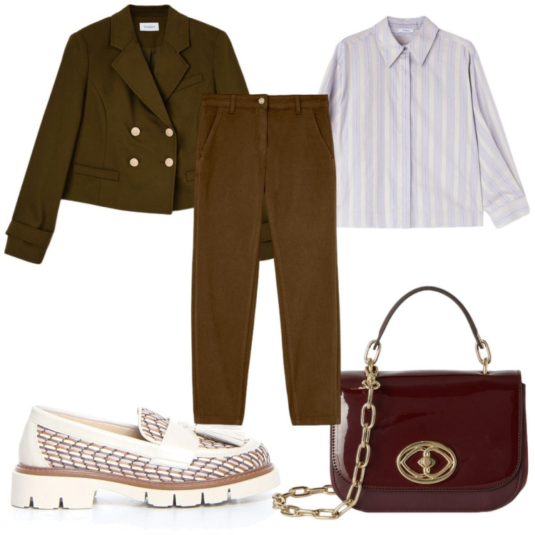 Outfit donna - Mannish a maggio : in marrone. Stile Mannish per Ufficio. Abbinamento con mocassini, camicie, pantaloni chino, blazer, borse a tracolla.
