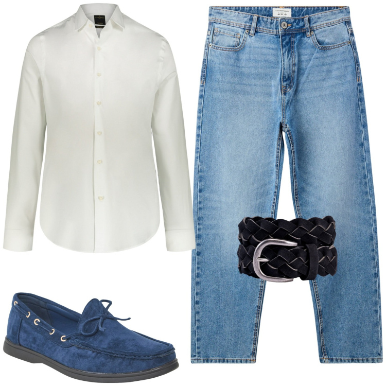 Outfit uomo - Il mocassino blu scamosciato. Stile Casual per Tutti i giorni. Abbinamento con scarpe stringate, jeans, camicie, cinture.