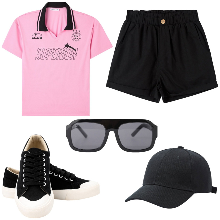 Outfit donna - La sportiva. Stile Basic per Sport. Abbinamento con cappelli, pantaloni corti, polo, occhiali da sole, sneakers.
