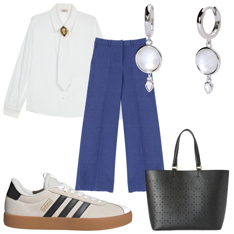 Outfit donna - Total look #2128259. Stile Trendy per Tutti i giorni. Abbinamento con orecchini, pantaloni a palazzo, sneakers, shopping bag, camicie.