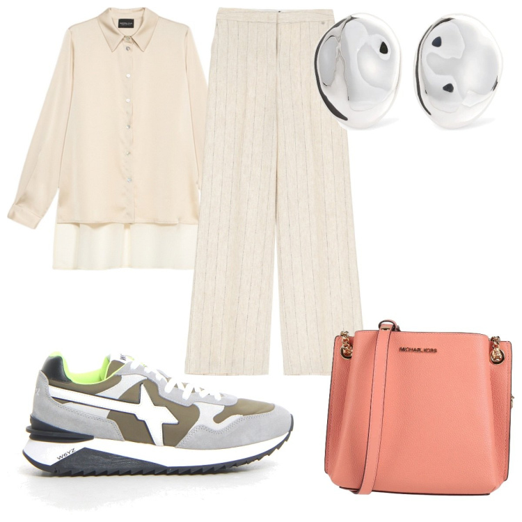 Outfit donna - Total look #2128261. Stile Trendy per Tutti i giorni. Abbinamento con borse a spalla, pantaloni a palazzo, sneakers, orecchini, camicie.