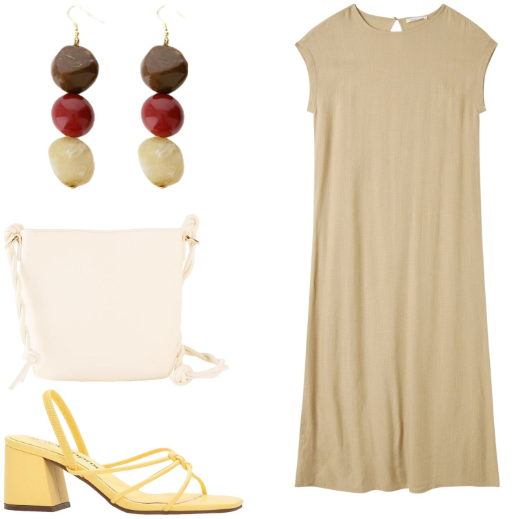 Outfit donna - Abito per tutti i giorni. Stile Casual per Tutti i giorni. Abbinamento con sandali col tacco, borse a tracolla, vestiti lunghi, orecchini.