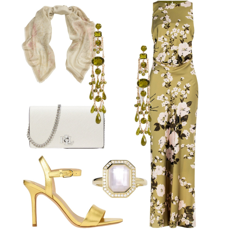 Outfit donna - La testimone. Stile Chic per Cerimonia. Abbinamento con anelli, vestiti lunghi, foulard, orecchini, sandali in pelle, borse a tracolla.