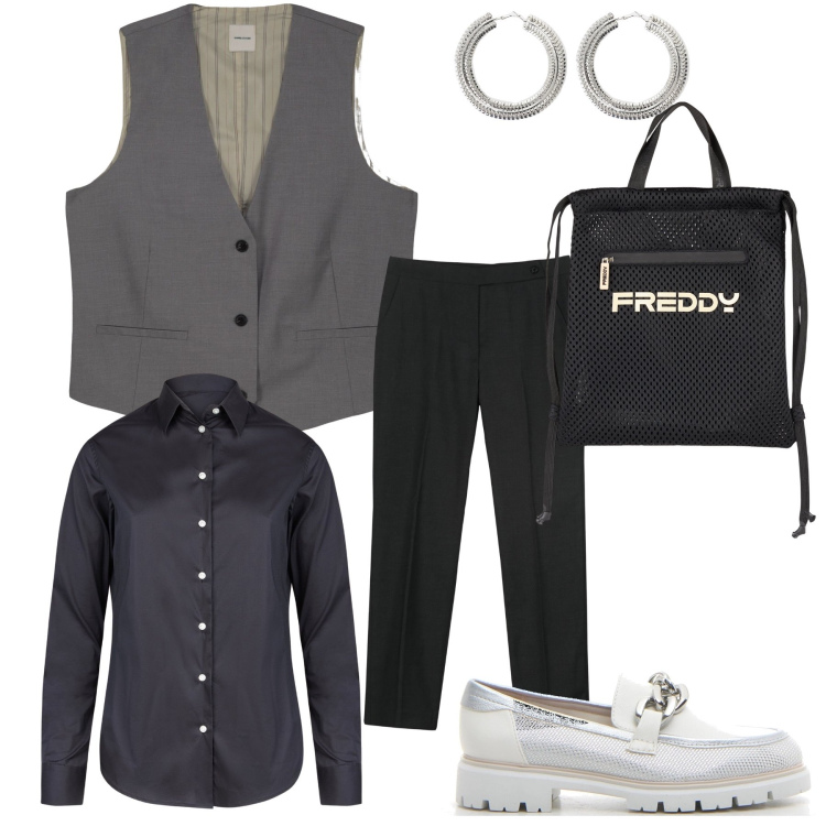 Outfit donna - Mannish argentato. Stile Mannish per Ufficio. Abbinamento con orecchini, zaini, mocassini, pantaloni, camicie, gilet.