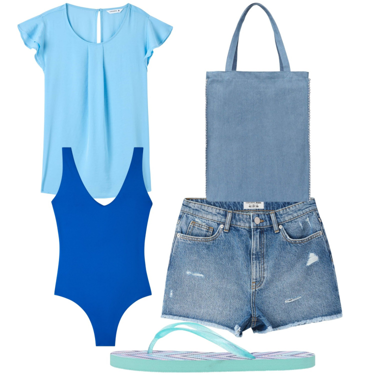 Outfit donna - Cielo e mare. Stile Basic per Mare. Abbinamento con bluse, borse tote, shorts, infradito, costumi interi.