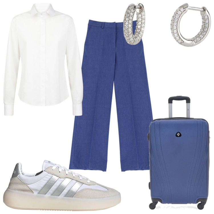 Outfit donna - Total look #2128272. Stile Trendy per Tutti i giorni. Abbinamento con orecchini, pantaloni a palazzo, sneakers, valigie, camicie.
