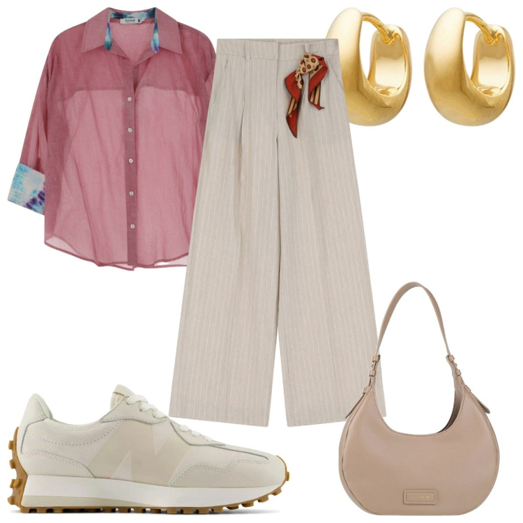 Outfit donna - Total look #2128275. Stile Trendy per Tutti i giorni. Abbinamento con borse a spalla, orecchini, sneakers, camicie, pantaloni a palazzo.