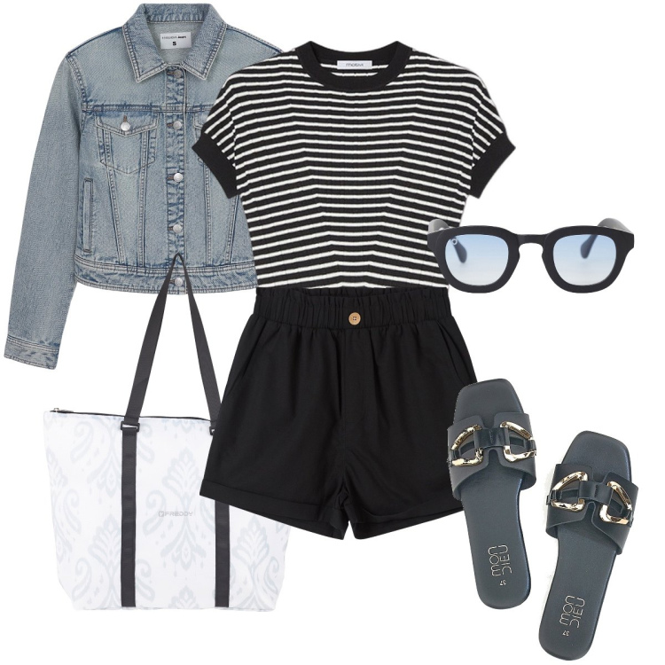 Outfit donna - La t-shirt a righe. Stile Casual chic per Mare. Abbinamento con pantaloni corti, blazer, occhiali da sole, shopping bag, ciabatte, maglieria.