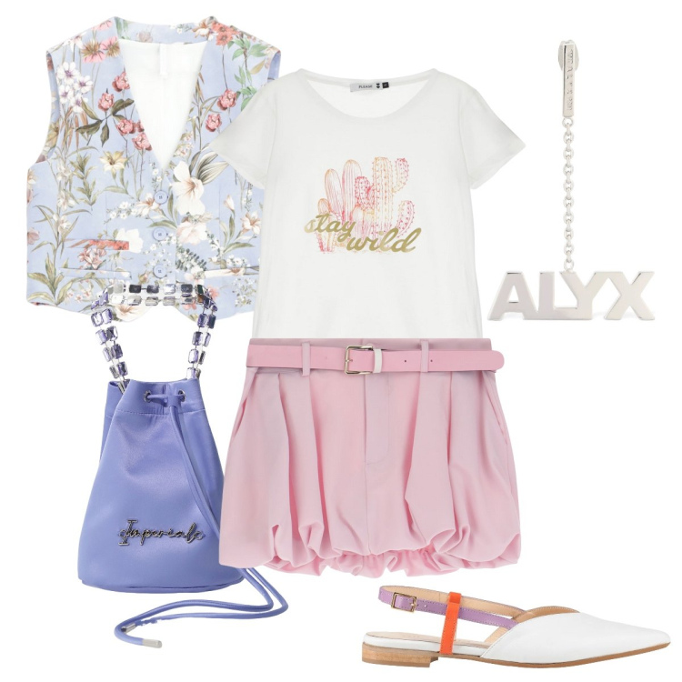 Outfit donna - Il gilet fiorito. Stile Preppy per Tutti i giorni. Abbinamento con ballerine, t-shirt, minigonne, borse a secchiello, gilet, orecchini.