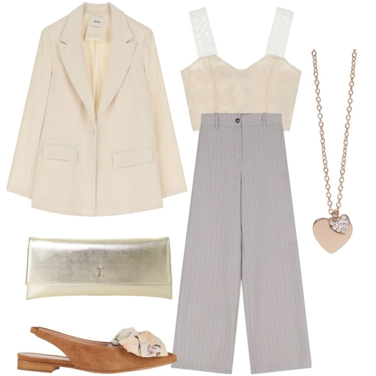 Outfit donna - Il completo di Dixie. Stile Bon Ton per Cerimonia. Abbinamento con ballerine, ciondoli, pochette, pantaloni a palazzo, blazer, top.