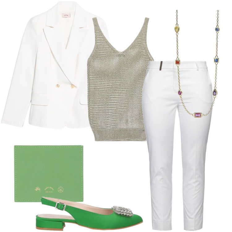 Outfit donna - Un tocco di verde acido. Stile Bon Ton per Ufficio. Abbinamento con pantaloni, portafogli, ballerine, collane, canottiere, blazer.