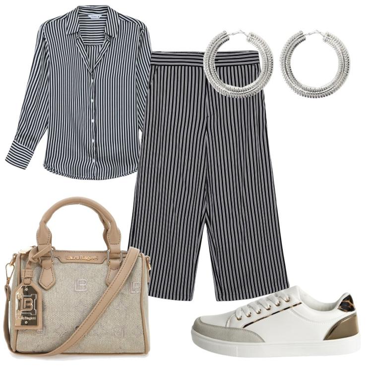 Outfit donna - Total look #2128291. Stile Trendy per Tutti i giorni. Abbinamento con camicie, sneakers, pantaloni a palazzo, orecchini, borse a tracolla.