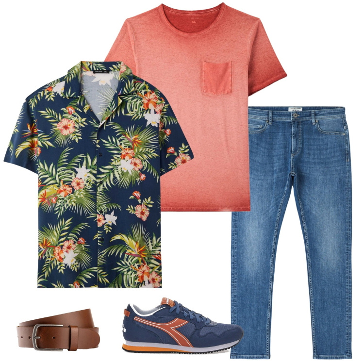 Outfit uomo - Colori vitaminici. Stile Casual per Serata speciale. Abbinamento con cinture, t-shirt, camicie a manica corta, jeans skinny, sneakers.
