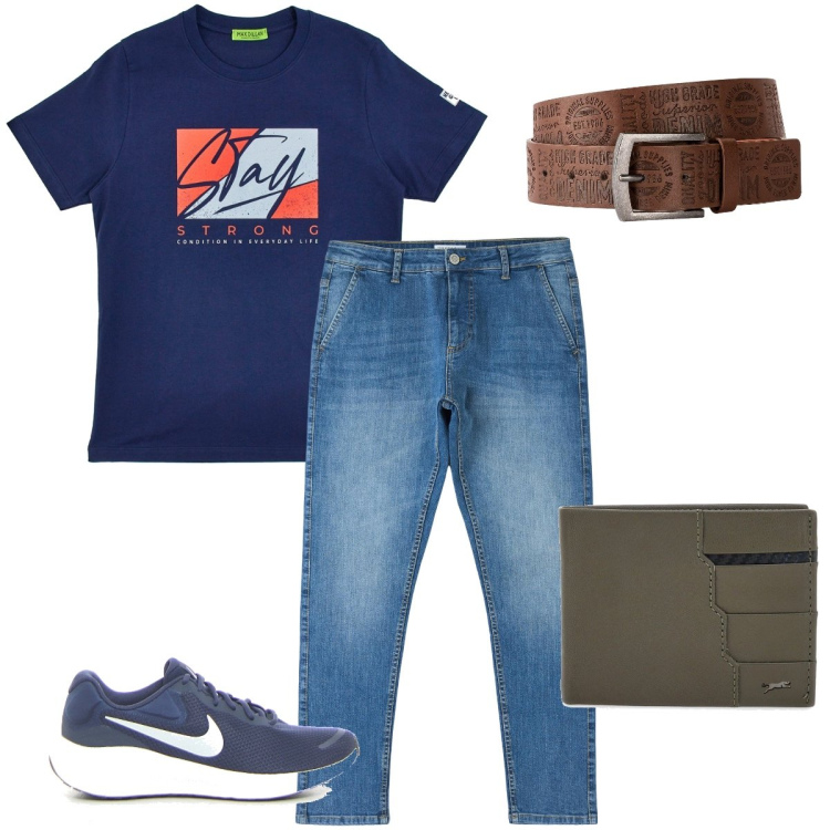 Outfit uomo - Commissioni giornaliere. Stile Casual per Tutti i giorni. Abbinamento con cinture, jeans skinny, portafogli, t-shirt, sneakers.